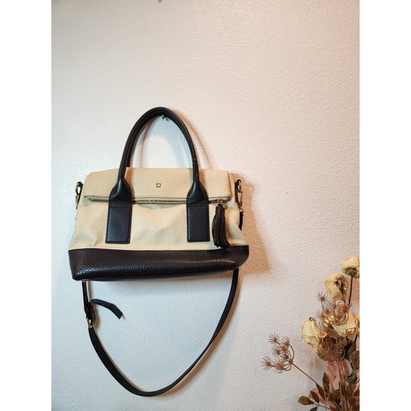 Kate Spade Satchel Crossbody Black‎ Beige Leather Tassel Designer Bag - Picture 12 of 13